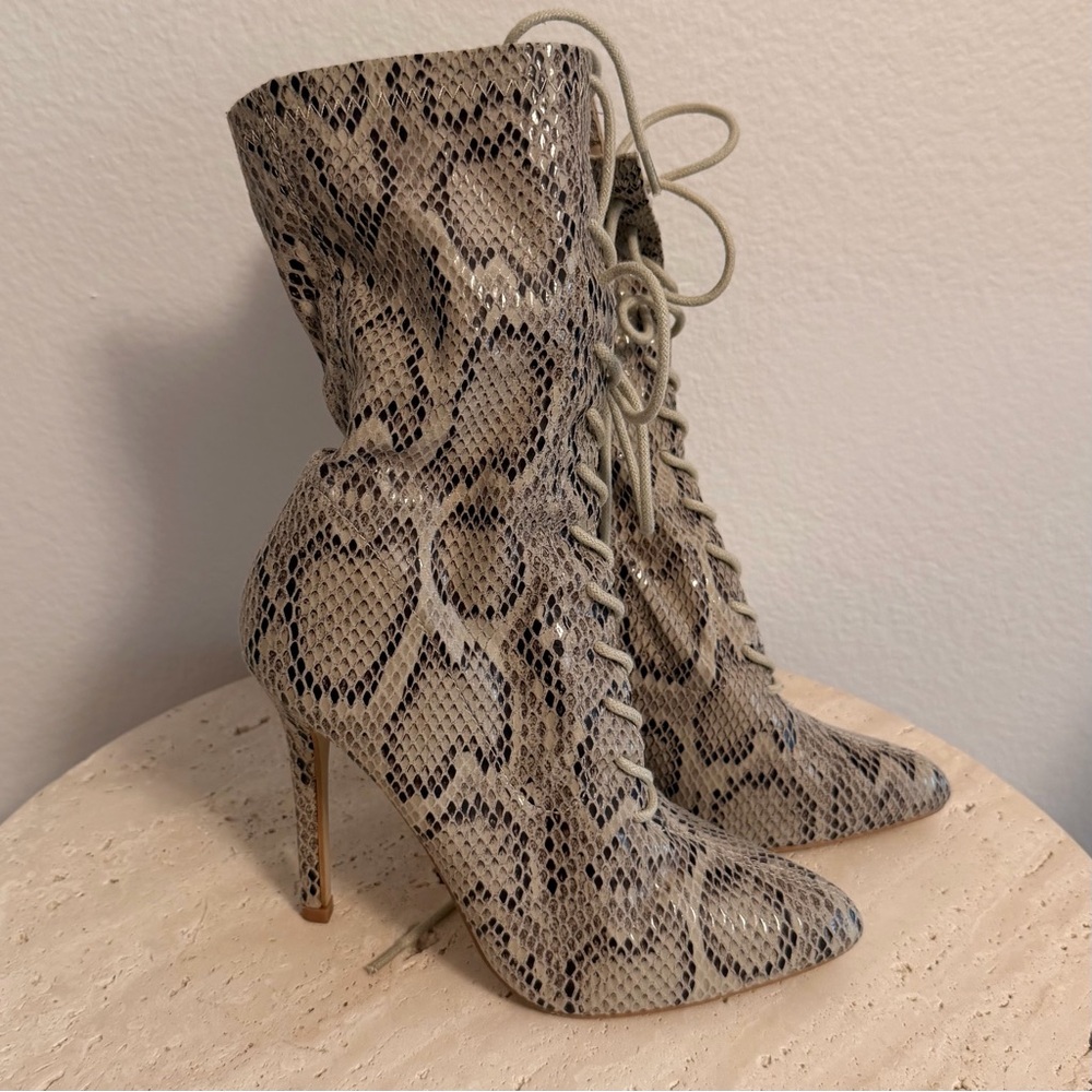 Pretty Little Thing Snake-Print Lace-Up Stiletto